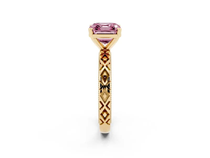 Fancy Pink Asscher Cut Diamond Solitaire Ring Set in Yellow gold with Milgrain and Black Enamel X Pattern Band