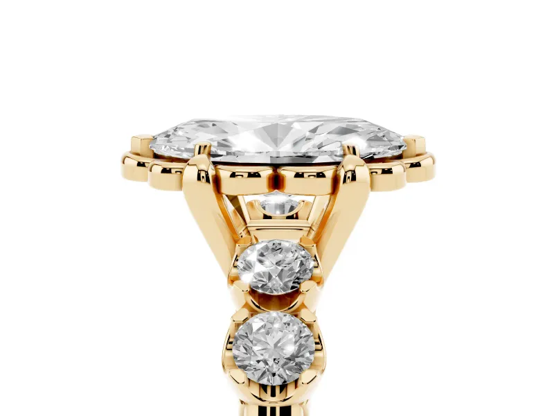 Marquise Floral Engagement Ring Setting | Petal Frame and Side Stones | Yellow Gold