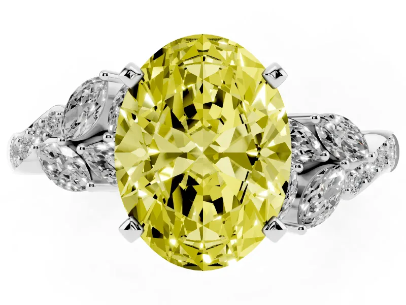 Oval Floral Engagement Ring Setting for a Fancy Yellow Lab-Grown Diamond | Marquise Side Stones | Sterling Silver