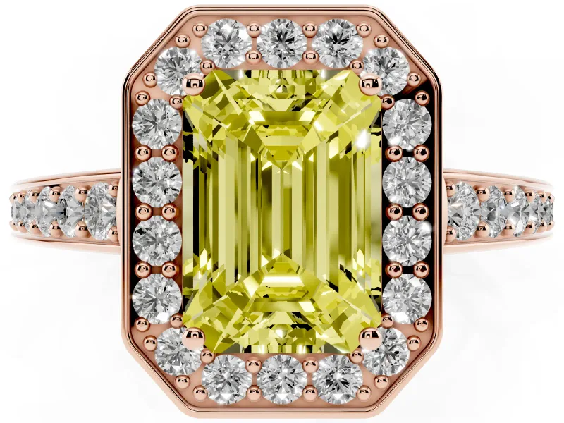 Fancy Yellow Emerald Cut Diamond Halo Pavé Engagement Ring Set in Rose gold with Bezel Setting