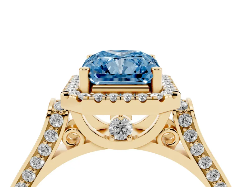 Radiant Cut Halo Engagement Ring Setting for a Fancy Blue Lab-Grown Diamond | Pavé Panel Shoulders | Yellow Gold