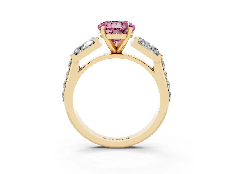 Fancy Pink Round Cut Diamond Engagement Ring Set in Yellow gold with Baguette Side Stones and Channel Set Band