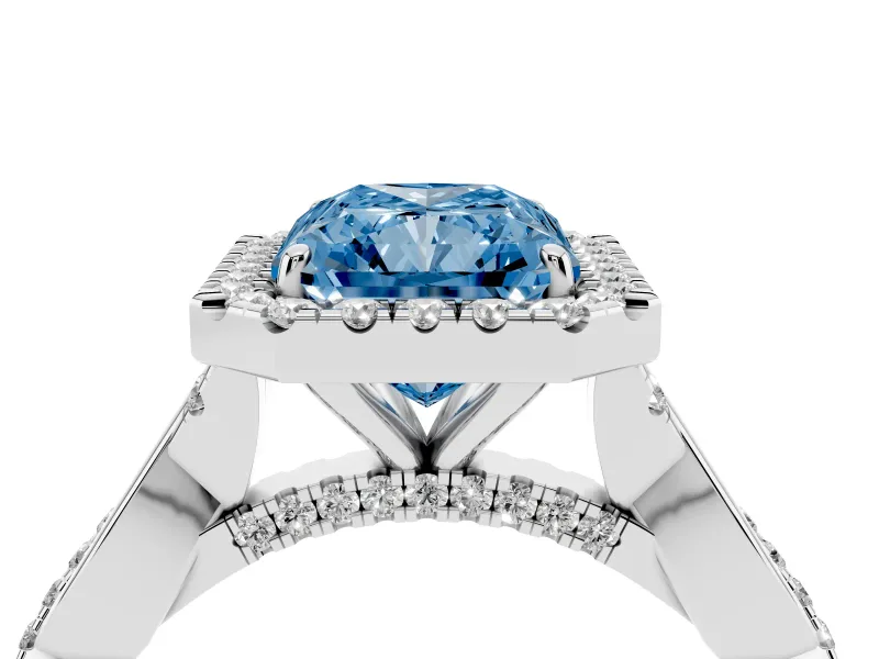 Radiant Cut Twist Halo Engagement Ring Setting for a Fancy Blue Lab-Grown Diamond | Platinum