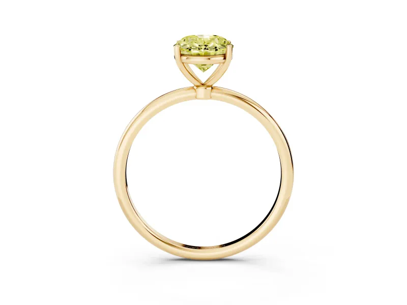 Fancy Yellow Oval Cut Diamond Solitaire Engagement Ring Set in Yellow gold with Thin Band and Prong Setting