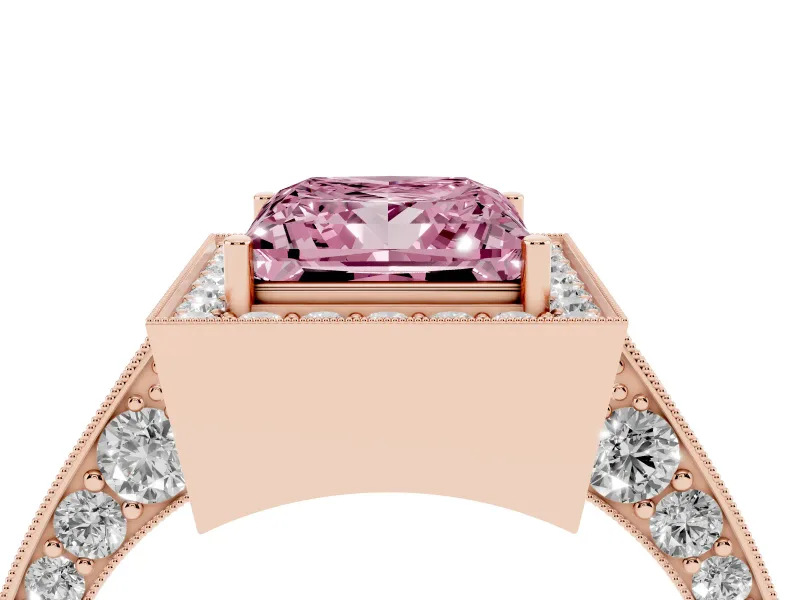 Princess Cut Milgrain Halo Engagement Ring Setting for a Fancy Pink Lab-Grown Diamond | Side Stones | Rose Gold