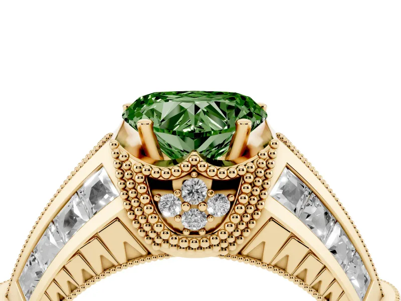 Fancy Green Heart Cut Diamond Vintage-Inspired Milgrain Ring Set in Yellow gold with Accent Split Shank
