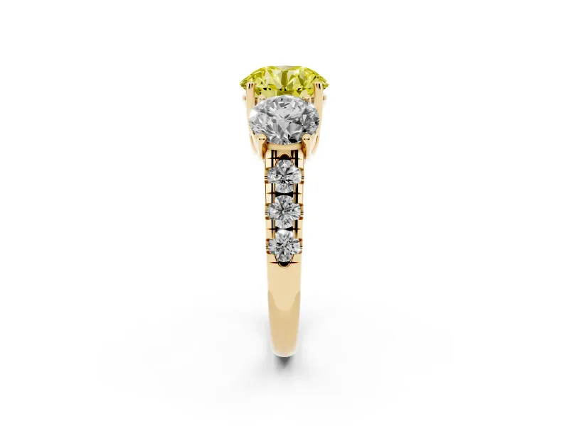 Round Three Stone Engagement Ring Setting for a Fancy Yellow Lab-Grown Diamond | Accented Shoulders | Yellow Gold