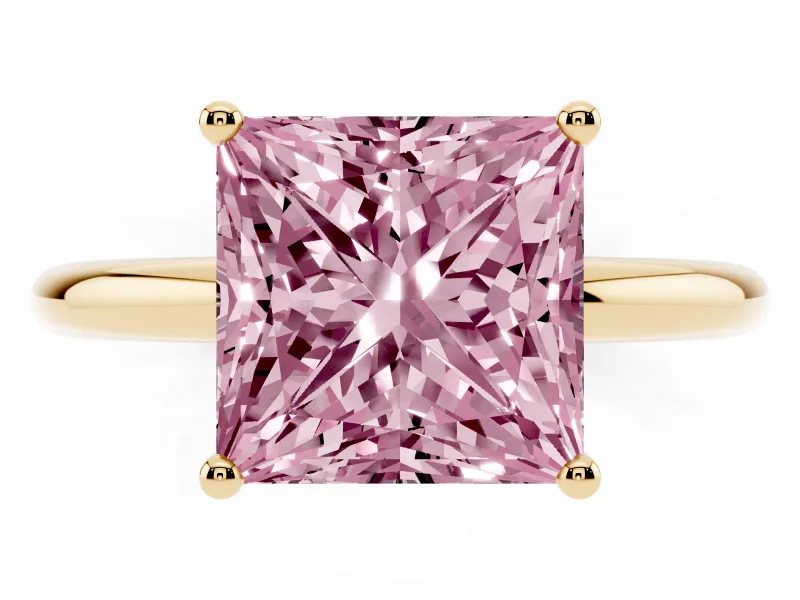 Fancy Pink Princess Cut Diamond Solitaire Engagement Ring Set in Yellow gold with Prong Setting and Polished Band