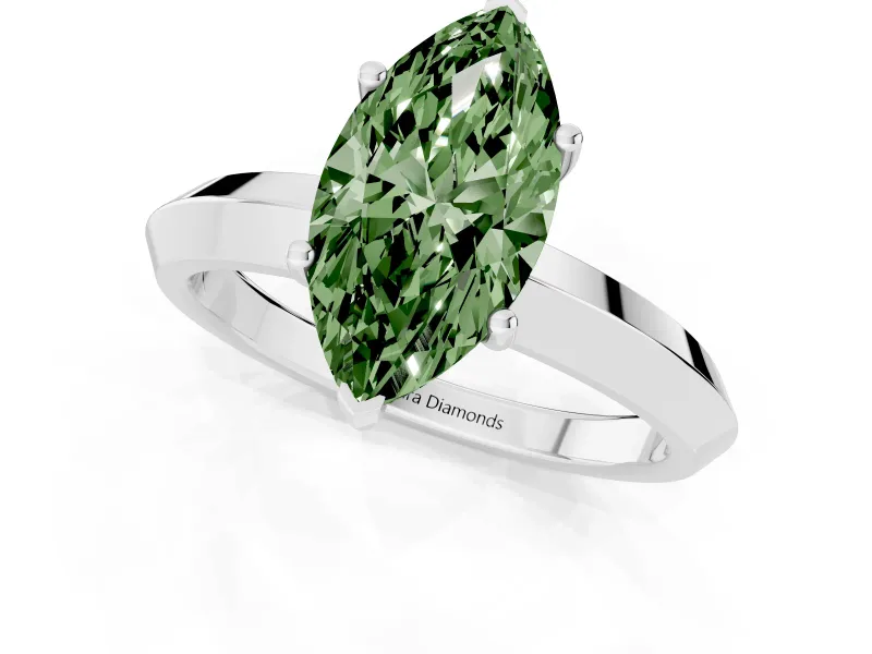 Fancy Green Marquise Cut Diamond Solitaire Engagement Ring Set in Platinum with Flat Band and Prong Setting