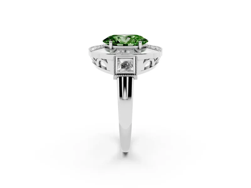 Fancy Green Oval Cut Diamond Milgrain Halo Ring Set in Silver with Split Shank