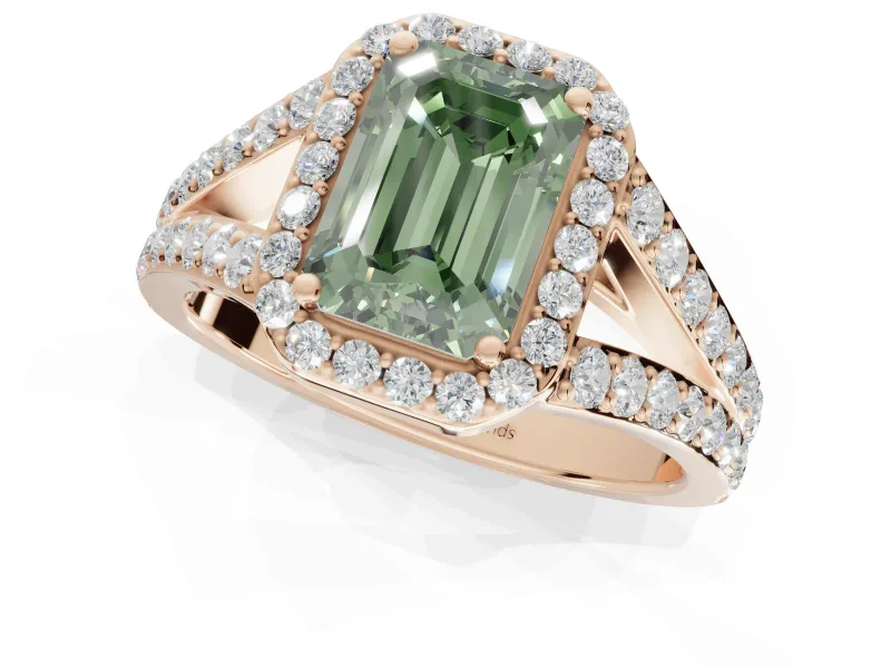 Emerald Cut Halo Pavé Engagement Ring Setting for a Fancy Green Lab-Grown Diamond | Narrow Split Shank | Rose Gold