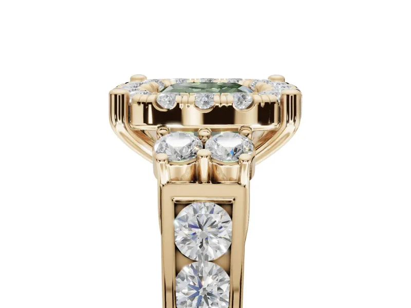 Cushion Cut Halo Engagement Ring Setting for a Fancy Green Lab-Grown Diamond | Graduated Channel Band | Yellow Gold