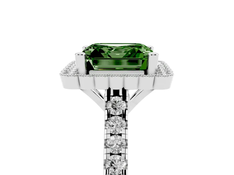 Fancy Green Asscher Cut Diamond Milgrain Floral Halo Engagement Ring Set in White gold with Pavé Band