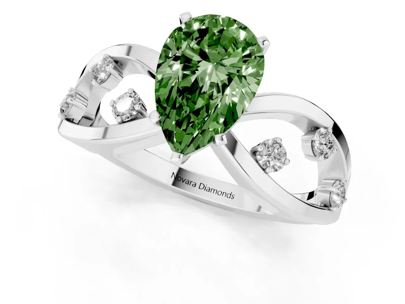 Fancy Green Pear Cut Diamond Solitaire Ring Set in Platinum with Side Stones on Criss-Cross Band and Prong Setting
