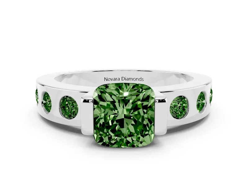 Fancy Green Cushion Cut Diamond Channel-Set Band Ring Set in White gold with Bezel Prong Setting