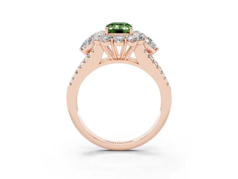 Fancy Green Emerald Cut Diamond Halo Split Shank Engagement Ring Set in Rose gold with Prong-Held Center Stone