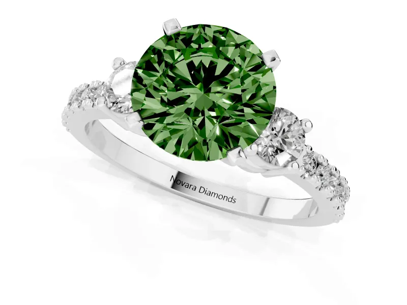 Fancy Green Three-Stone Round Cut Diamond Pavé Band Ring Set in Platinum with Prong Setting