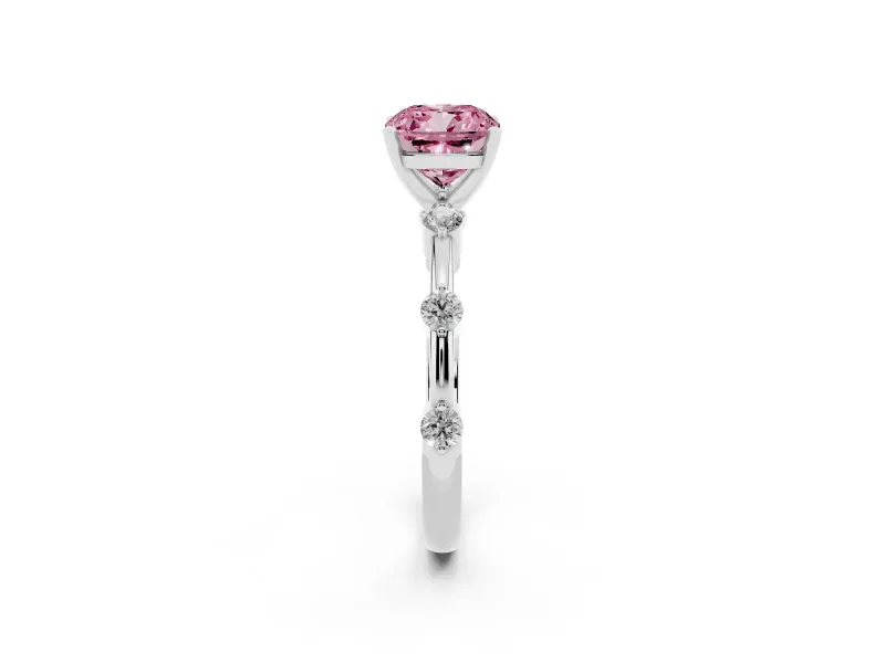 Fancy Pink Cushion Cut Diamond Solitaire Ring Set in White gold with Bezel Set Side Stones and Prong Setting