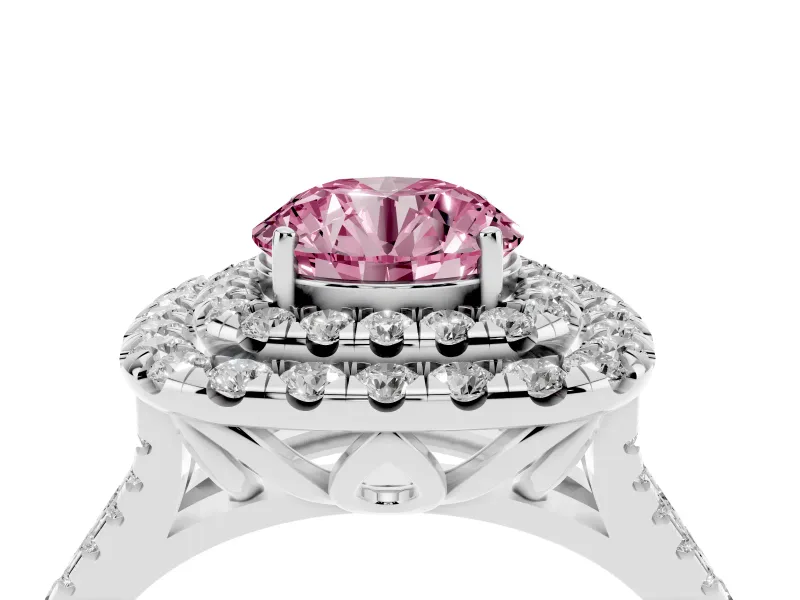Round Halo Split Shank Engagement Ring Setting for a Fancy Pink Lab-Grown Diamond | Pavé Strands | White Gold