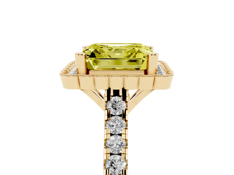 Fancy Yellow Asscher Cut Diamond Milgrain Floral Halo Engagement Ring Set in Yellow gold with Pavé Band
