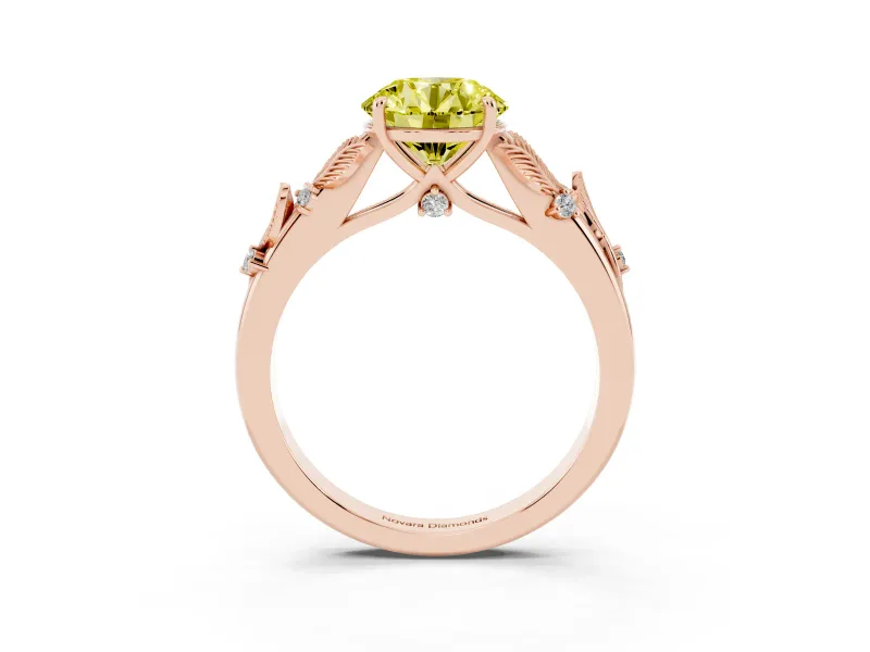 Fancy Yellow Round Cut Diamond Solitaire Ring Set in Rose gold with Leaf Motif Band