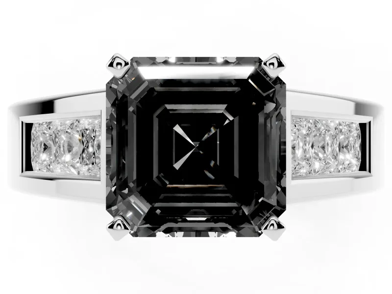 Fancy Black Asscher Cut Diamond Solitaire Ring Set in Silver with Channel-Set Accent Stones and Prong Setting
