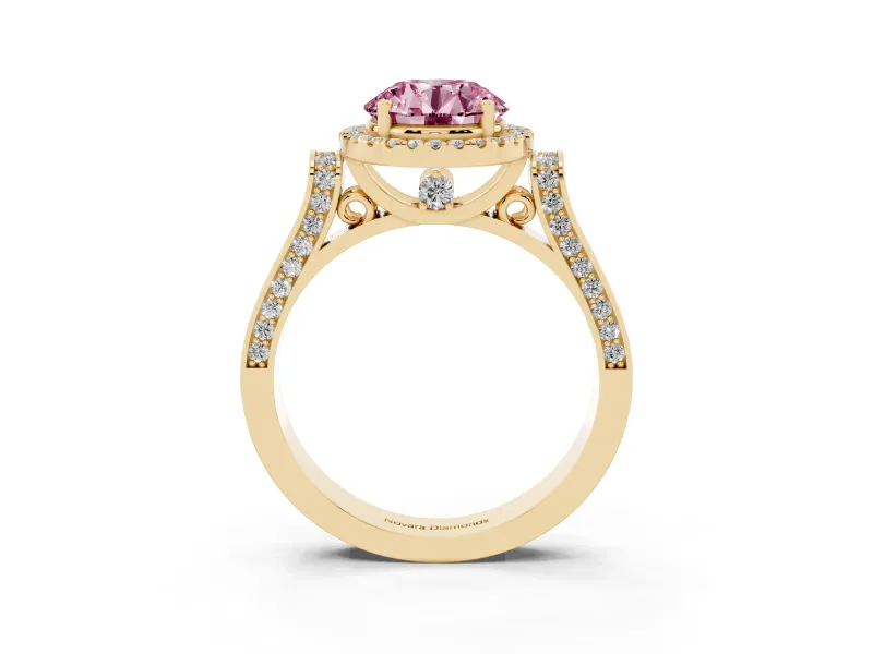 Round Pavé Halo Engagement Ring Setting for a Fancy Pink Lab-Grown Diamond | Yellow Gold