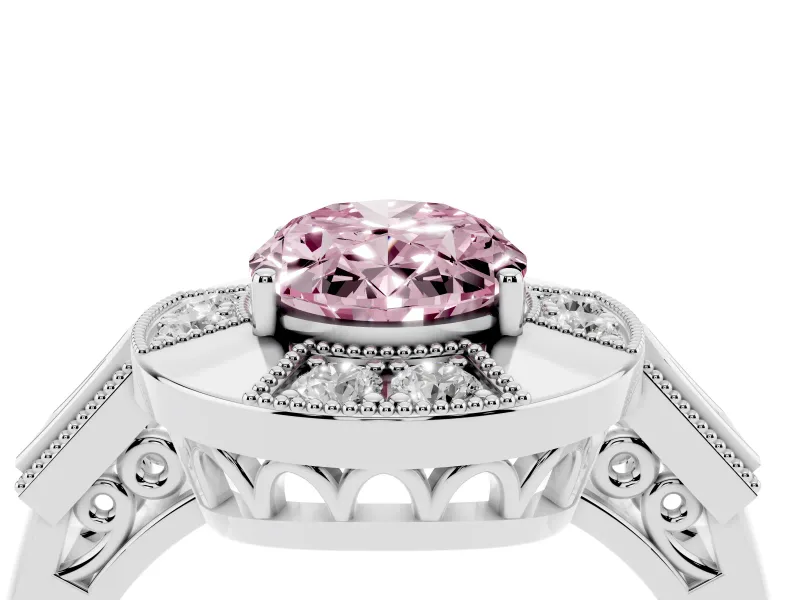 Fancy Pink Oval Cut Diamond Milgrain Halo Ring Set in Platinum with Split Shank