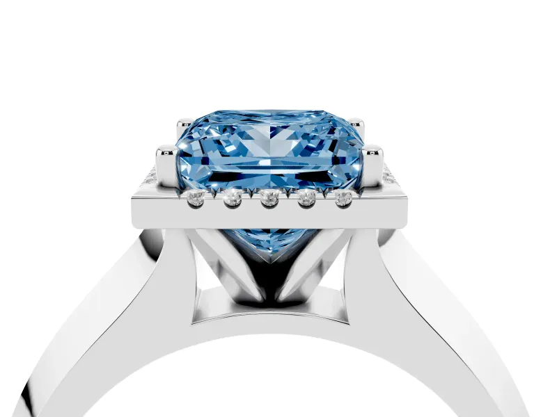 Fancy Blue Princess Cut Diamond Halo Ring Set in White gold with Cathedral Band and Prong Setting