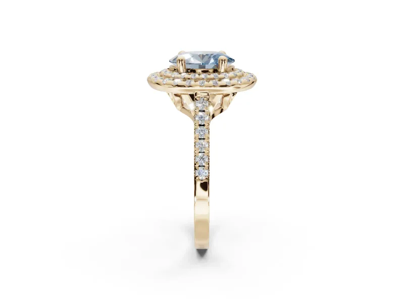 Oval Double Halo Engagement Ring Setting for a Fancy Blue Lab-Grown Diamond | Pave Shoulders | Yellow Gold