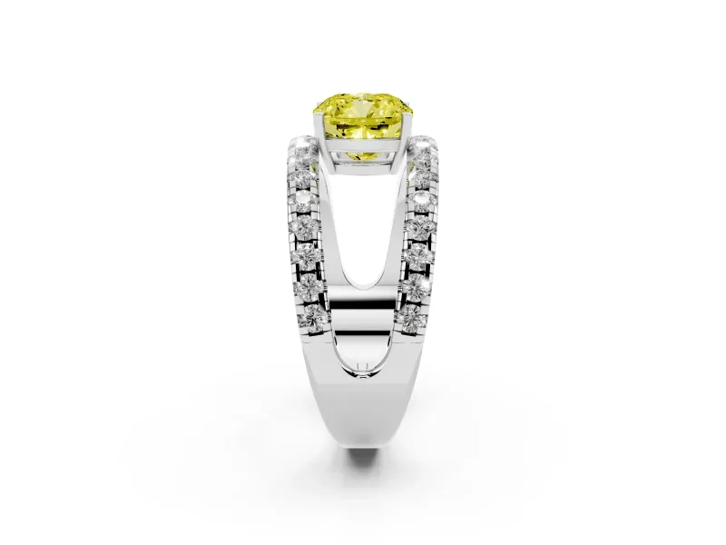 Cushion Cut Wide Open Split Shank Engagement Ring Setting for a Fancy Yellow Lab-Grown Diamond | Pavé Strands | Platinum