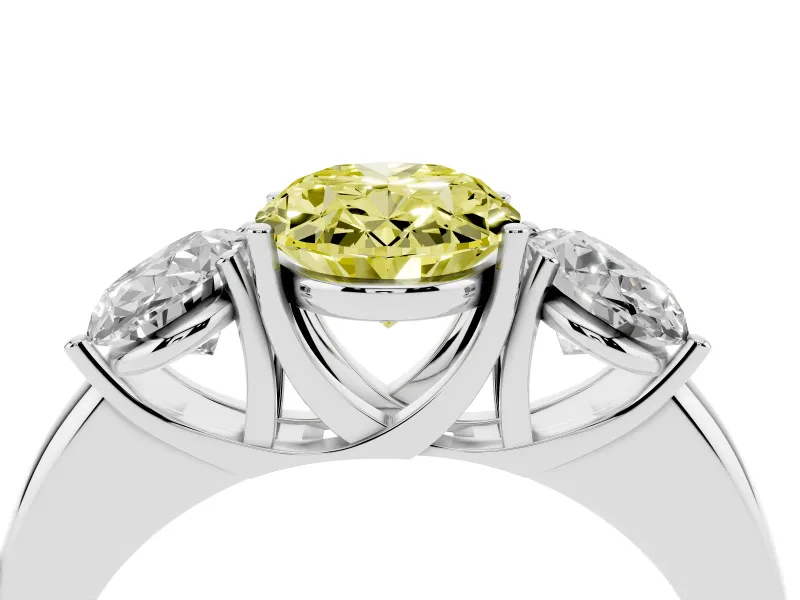 Fancy Yellow Oval Cut Diamond Three-Stone Ring Set in Platinum with Bold Center and Classic Band