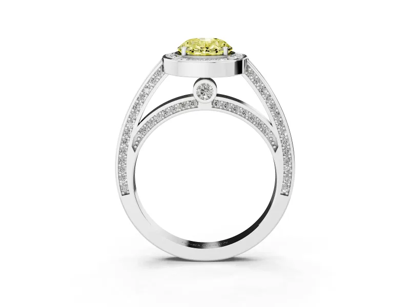 Fancy Yellow Oval Cut Diamond Halo Pavé Split Shank Ring Set in Platinum with Prong Setting