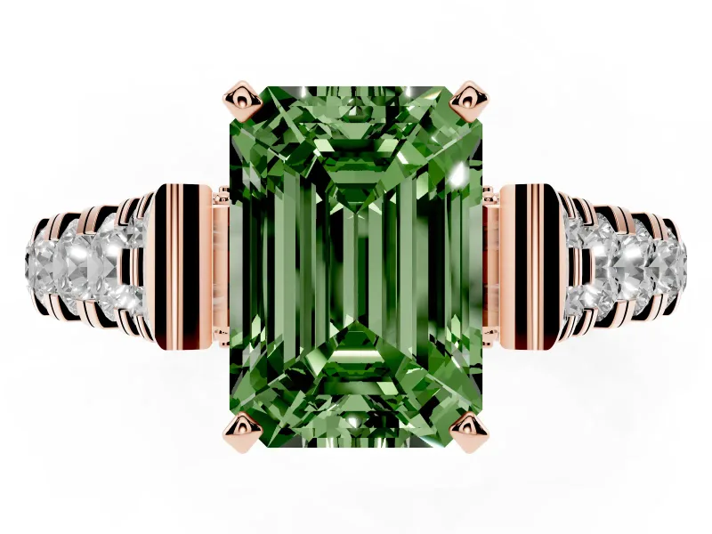Emerald Cut Graduated Cathedral Engagement Ring Setting for a Fancy Green Lab-Grown Diamond | Side Stones | Rose Gold