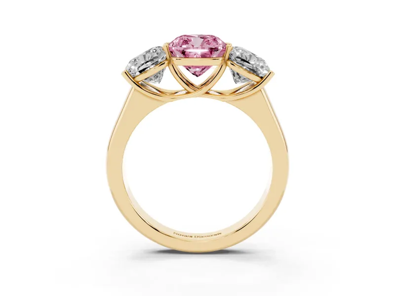 Cushion Cut Three Stone Engagement Ring Setting for a Fancy Pink Lab-Grown Diamond | Basket Prong Heads | Yellow Gold