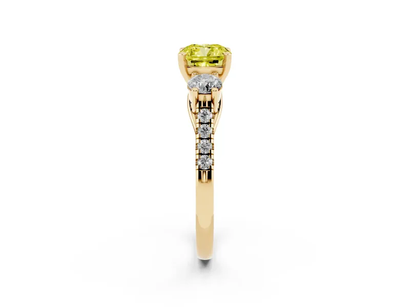Fancy Yellow Three-Stone Cushion Cut Diamond Pavé Band Ring Set in Yellow gold with Prong-Set Trio