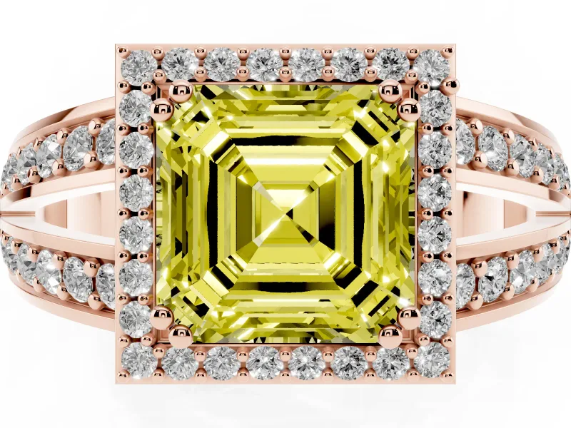 Asscher Cut Halo Engagement Ring Setting for a Fancy Yellow Lab-Grown Diamond | Two-Row Pave Split Shank | Rose Gold