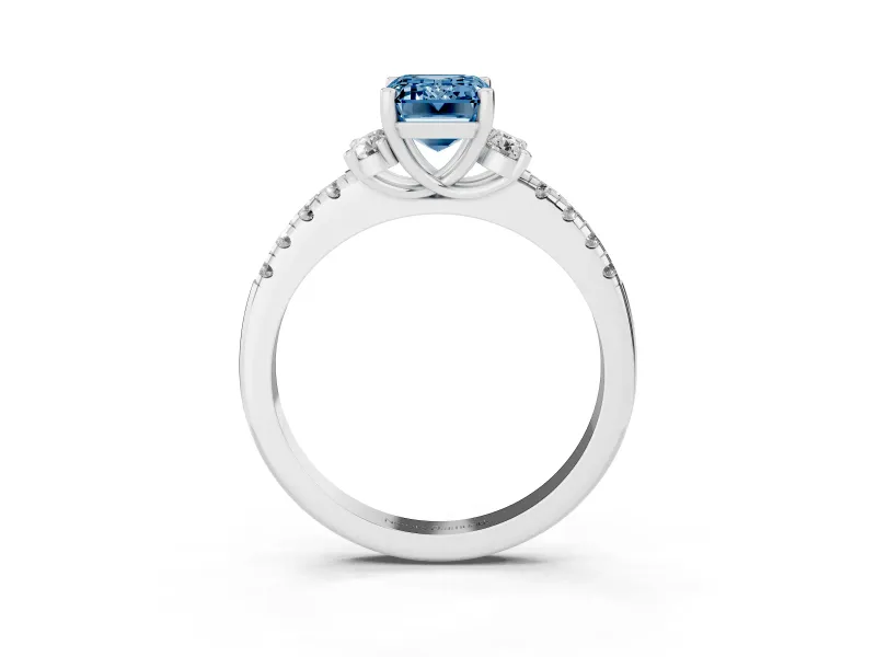 Emerald Cut Side Stone Engagement Ring Setting for a Fancy Blue Lab-Grown Diamond | Pave Band | Sterling Silver