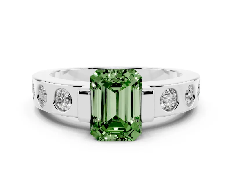 Fancy Green Emerald Cut Diamond Channel-Set Band Ring Set in White gold with Bezel Prong Setting