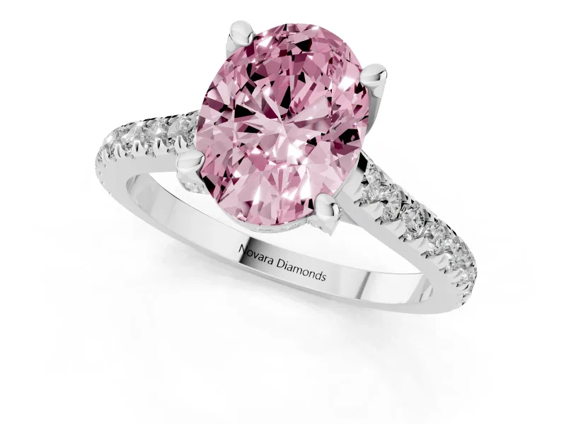 Oval Hidden Halo Pave Engagement Ring Setting for a Fancy Pink Lab-Grown Diamond | Claw Prongs | White Gold