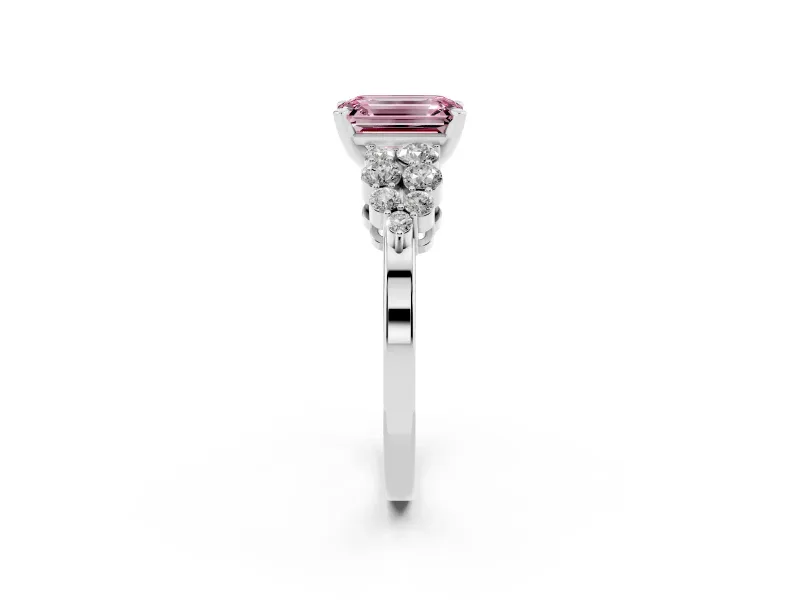 Fancy Pink Emerald Cut Diamond Cluster Engagement Ring Set in Platinum with Pavé Band and Prong Setting