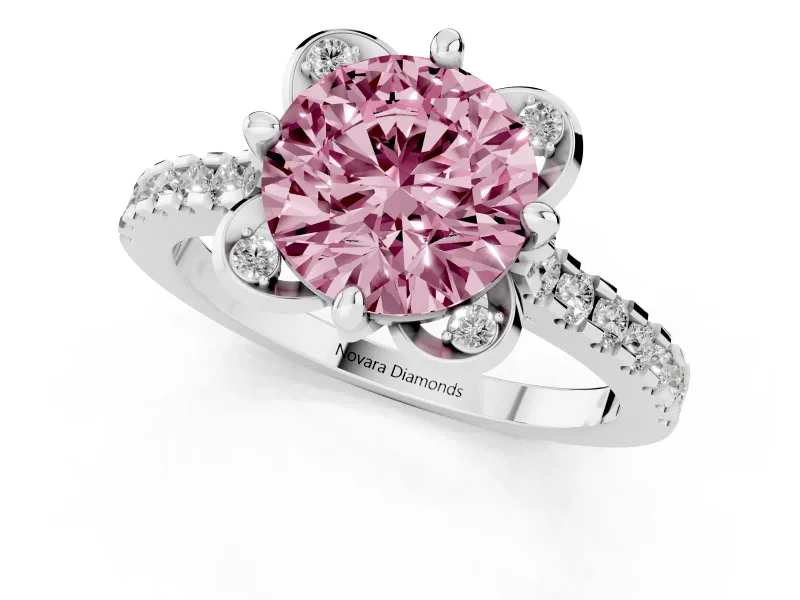 Round Floral Engagement Ring Setting for a Fancy Pink Lab-Grown Diamond | Pavé Band | Platinum