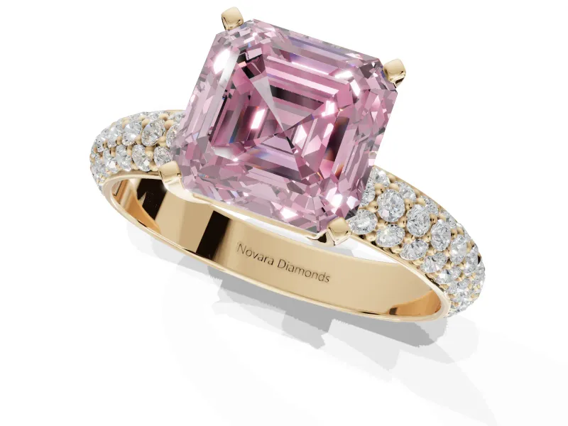 Asscher Cut Domed Pavé Engagement Ring Setting for a Fancy Pink Lab-Grown Diamond | Yellow Gold