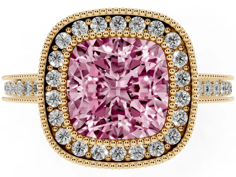 Cushion Cut Milgrain Halo Engagement Ring Setting for a Fancy Pink Lab-Grown Diamond | Yellow Gold