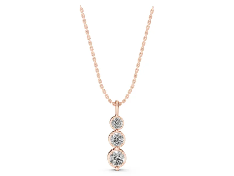 Round Lab-Grown Diamond Three-Stone Drop Pendant Necklace | Linked Cup Settings | Rose Gold