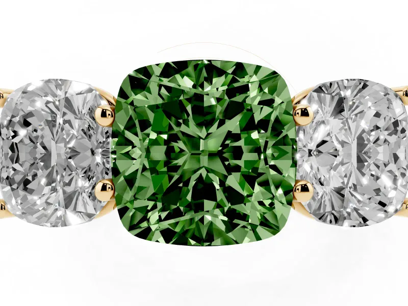Cushion Cut Three Stone Engagement Ring Setting for a Fancy Green Lab-Grown Diamond | Basket Prong Heads | Yellow Gold