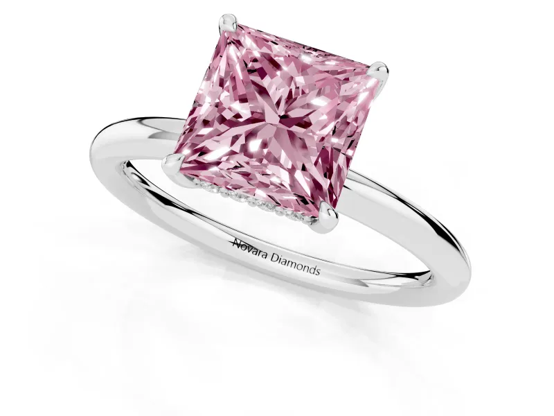 Fancy Pink Princess Cut Diamond Solitaire Ring Set in Silver with Thin Band and Prong Setting