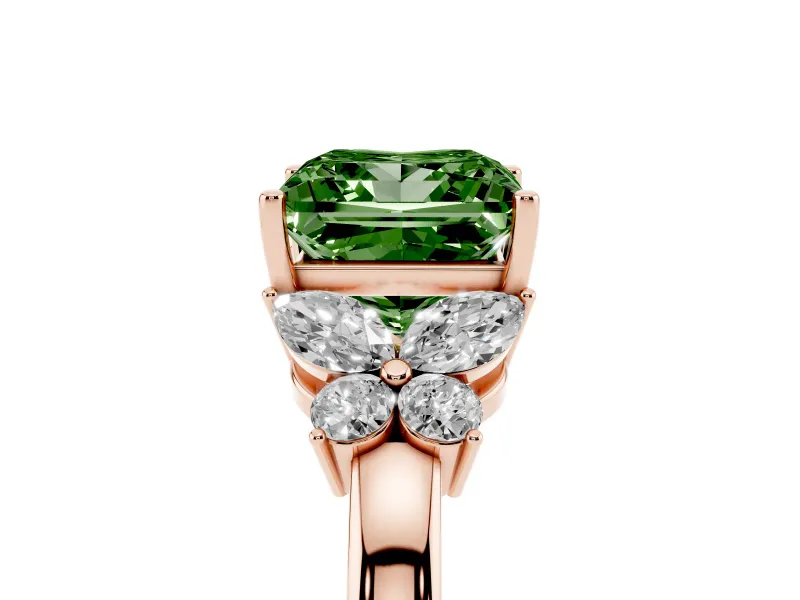 Fancy Green Princess Cut Diamond Solitaire Floral Ring Set in Rose gold with Marquise Petals and Prong Setting