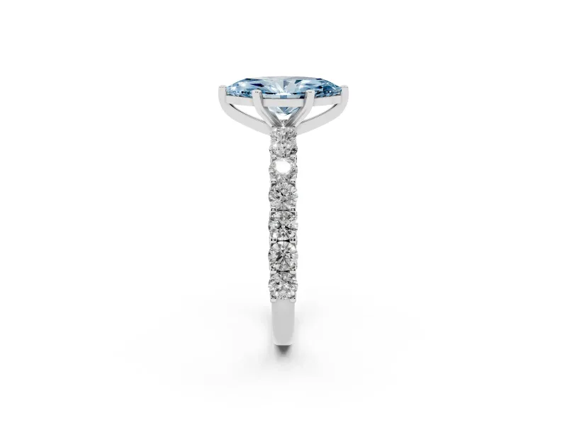 Fancy Blue Marquise Cut Diamond Solitaire Ring Set in Platinum with Shared Prong Pavé Band