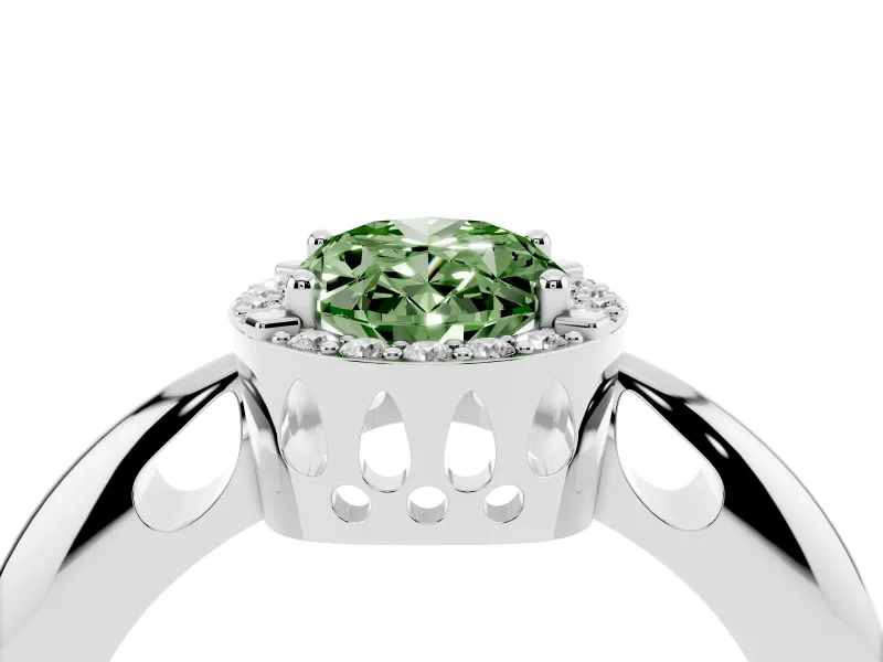 Fancy Green Oval Cut Diamond Halo Engagement Ring Set in Silver with Plain Split Shank and Prong Setting